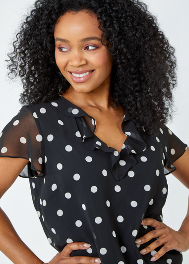 Roman Black Petite Polka Dot Print Frill Top