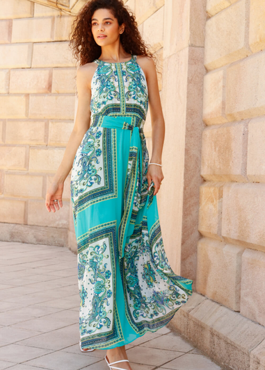 Roman Turquoise Scarf Print Halter Neck Maxi Dress