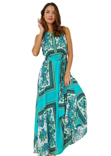 Roman Turquoise Scarf Print Halter Neck Maxi Dress