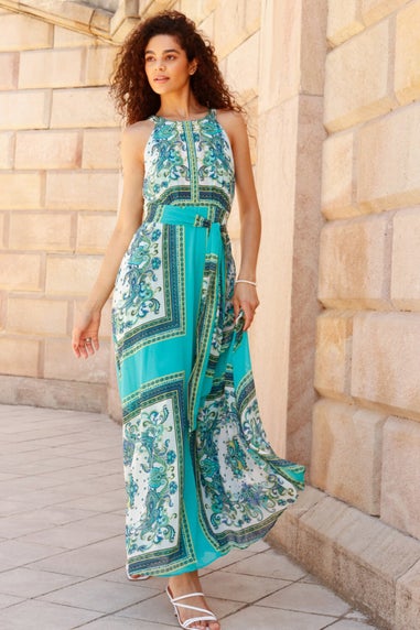 Roman Turquoise Scarf Print Halter Neck Maxi Dress