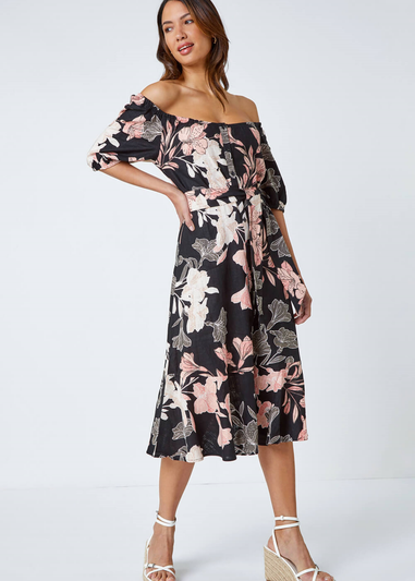 Roman Black Floral Linen Blend Bardot Midi Dress