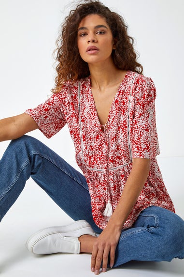 Roman Red Ditsy Floral Tie Smock Top