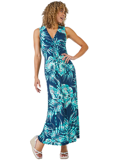 Roman Blue Petite Palm Print Twist Front Maxi Dress