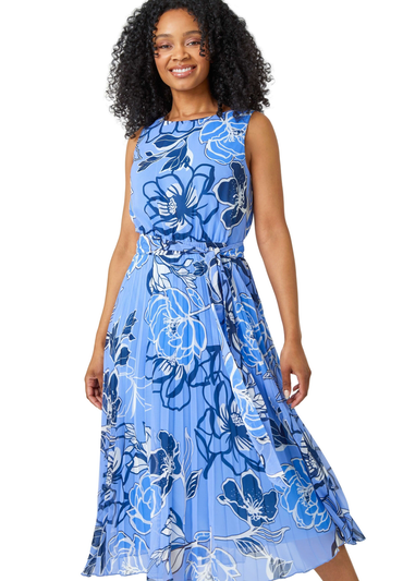 Roman Blue Petite Floral Print Pleated Midi Dress