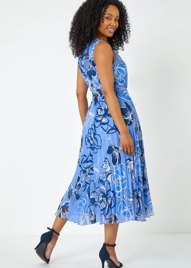 Roman Blue Petite Floral Print Pleated Midi Dress