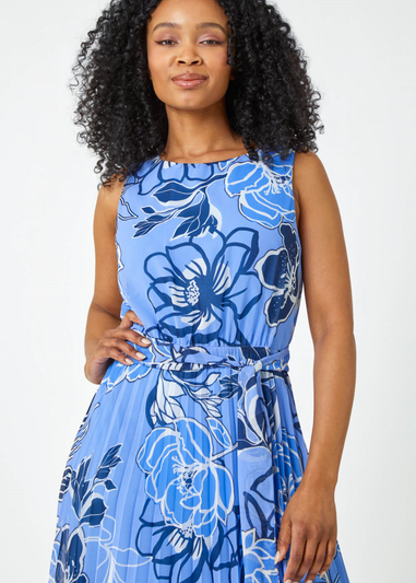 Roman Blue Petite Floral Print Pleated Midi Dress