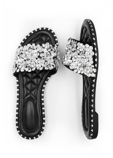 Where's That From Black Poppy Wide Fit PU Diamante Sliders