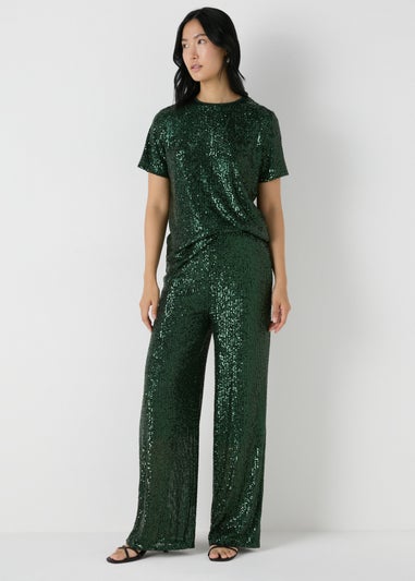 Et Vous Green Sequin Wide Leg Trousers