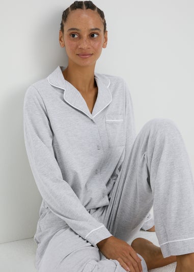 Grey Button Through Shirt Pyjama Set