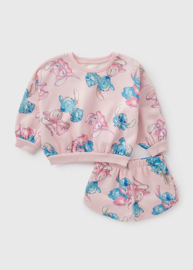 Disney Kids Pink Stitch Sweatshirt & Shorts Set (1-7yrs)