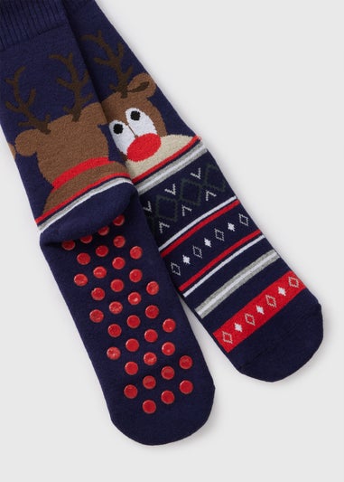 Navy Reindeer Slipper Socks