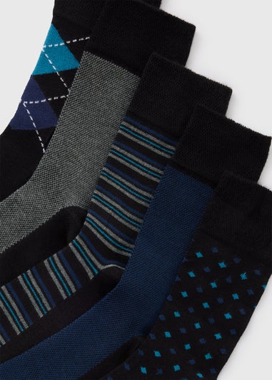 5 Pack Flexi Top Blue Patterned Socks