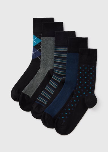 5 Pack Flexi Top Blue Patterned Socks