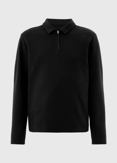 Black Textured Zip Collar Polo Shirt