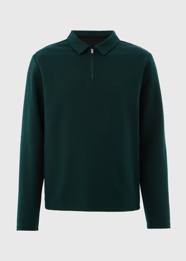 Green Textured Zip Collar Polo Shirt