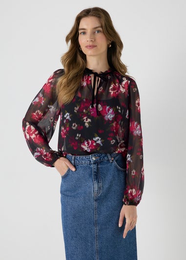 Papaya Petite Black Floral Chiffon Blouse