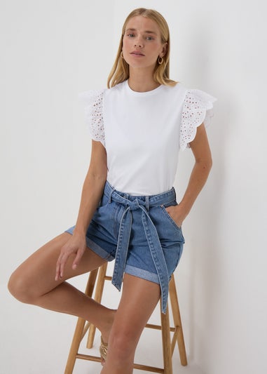 White Broderie Sleeve T- Shirt