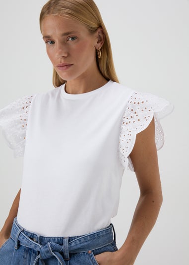 White Broderie Sleeve T- Shirt