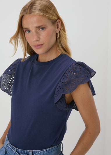 Navy Broderie Sleeve T-Shirt