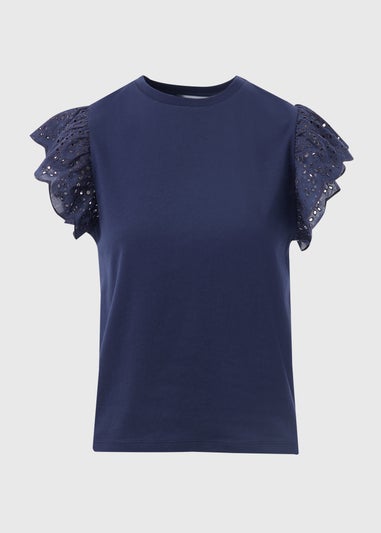 Navy Broderie Sleeve T-Shirt