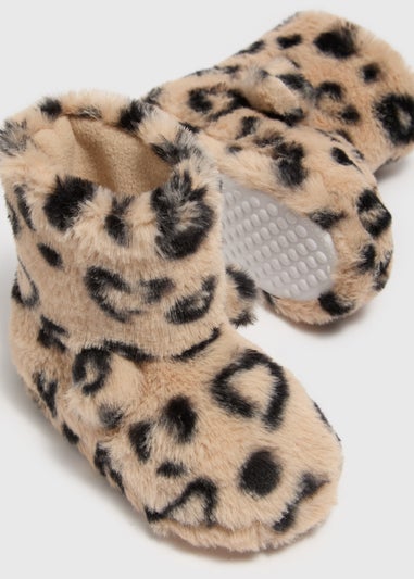 Girls Tan Leopard Print Slipper Boots (Younger 4-12)