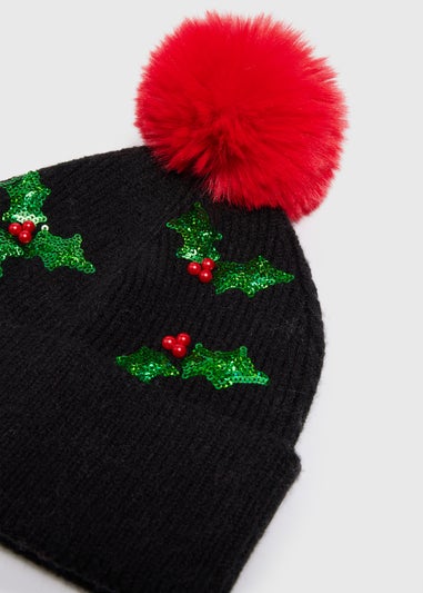 Black Christmas Holly Beanie