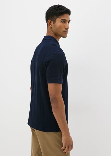 Navy Jacquard 1/4 Zip Knit Polo Shirt