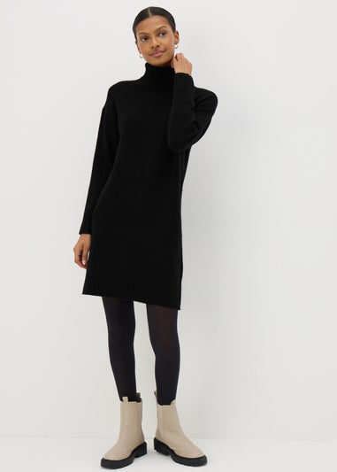 Black Roll Neck Knitted Dress