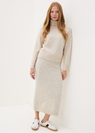 Beige Knitted Co-Ord Midi Skirt