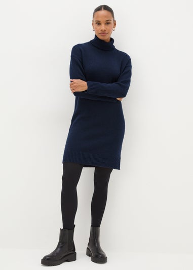 Navy Roll Neck Knitted Midi Dress