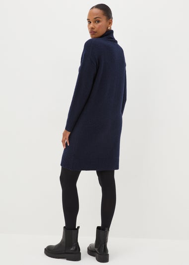 Navy Roll Neck Knitted Midi Dress