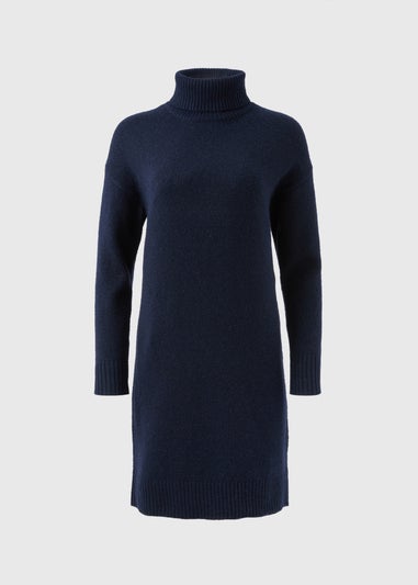 Navy Roll Neck Knitted Midi Dress