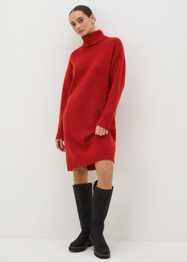 Red Roll Neck Knitted Midi Dress