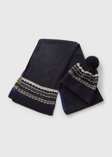 Navy Fairisle Hat & Scarf Set