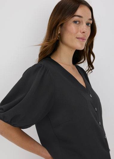 Black V-Neck Button Front Blouse