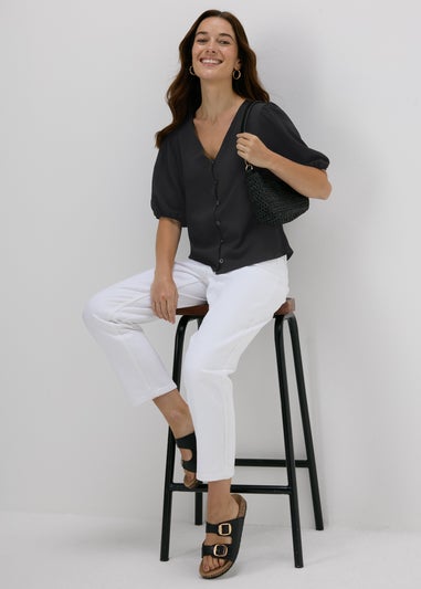 Black V-Neck Button Front Blouse