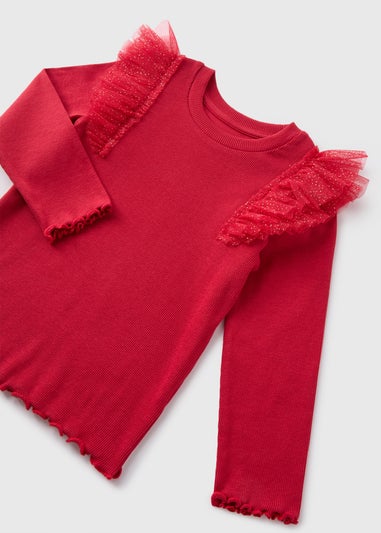 Girls Red Mesh Frill Top (1-7yrs)