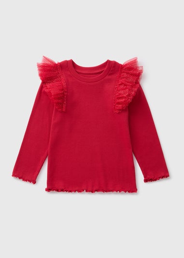 Girls Red Mesh Frill Top (1-7yrs)