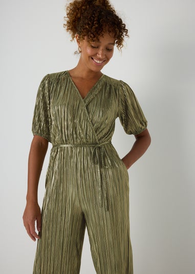 Green Metallic Plisse Jumpsuit