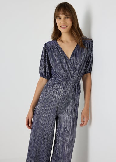 Navy Metallic Plisse Jumpsuit