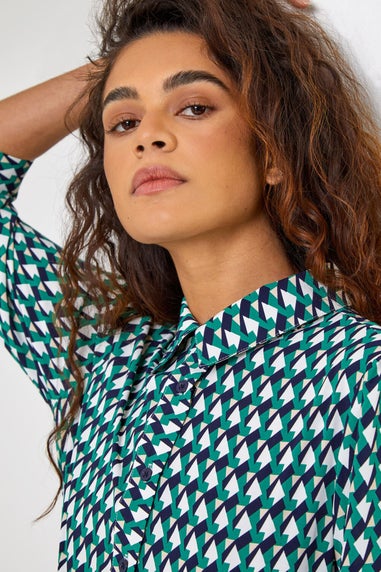 Roman Green Geometric Print Tie Waist Midi Shirt Dress