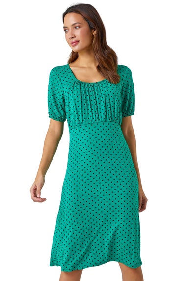 Roman Green Polka Dot Print Stretch Dress