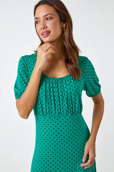 Roman Green Polka Dot Print Stretch Dress