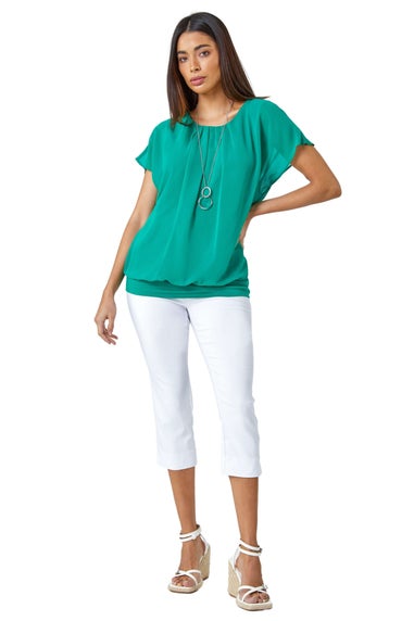 Roman Jade Chiffon Jersey Blouson Top with Necklace