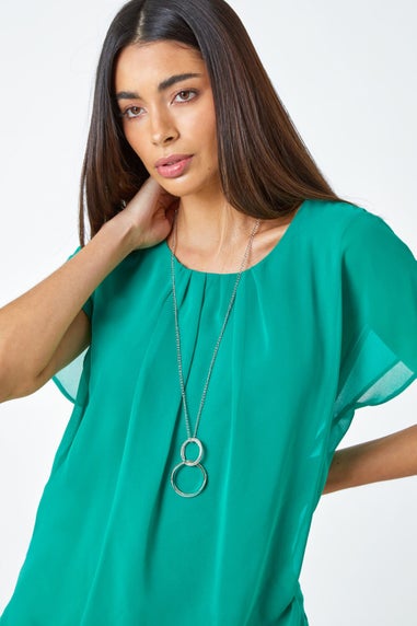 Roman Jade Chiffon Jersey Blouson Top with Necklace