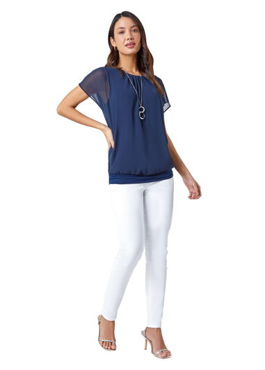 Roman Navy Chiffon Jersey Blouson Top with Necklace