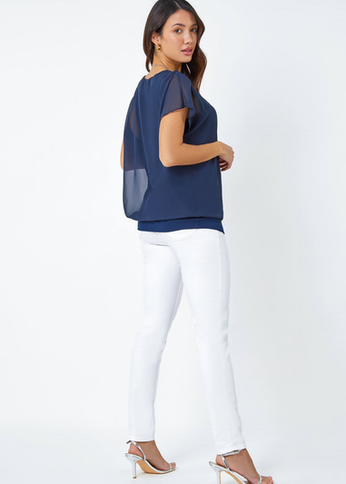 Roman Navy Chiffon Jersey Blouson Top with Necklace
