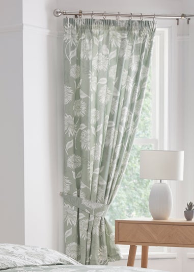 Dreams & Drapes Design Chrysanthemum Green Pencil Pleat Curtains With Tie-Backs