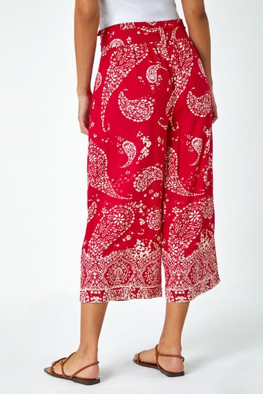 Roman Red Paisley Print Wide Leg Cropped Trousers