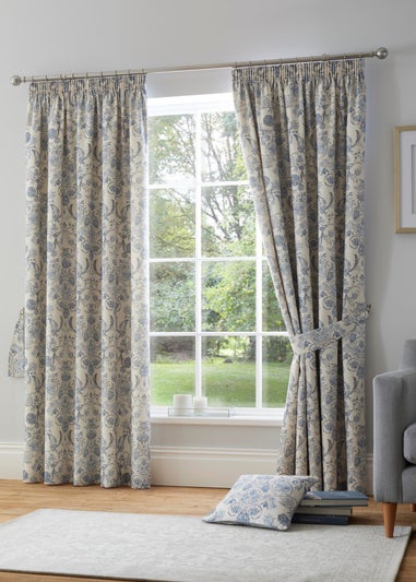 Dreams & Drapes Design Averie Blue Pencil Pleat Curtains With Tie-Backs